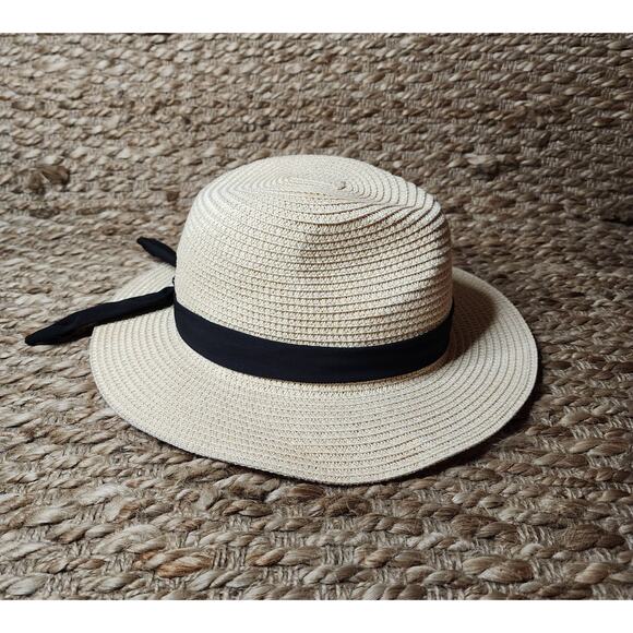 Women's Woven Straw Hat With Black Ribbon Bow Tie Beach Spring Summer - Picture 3 of 6